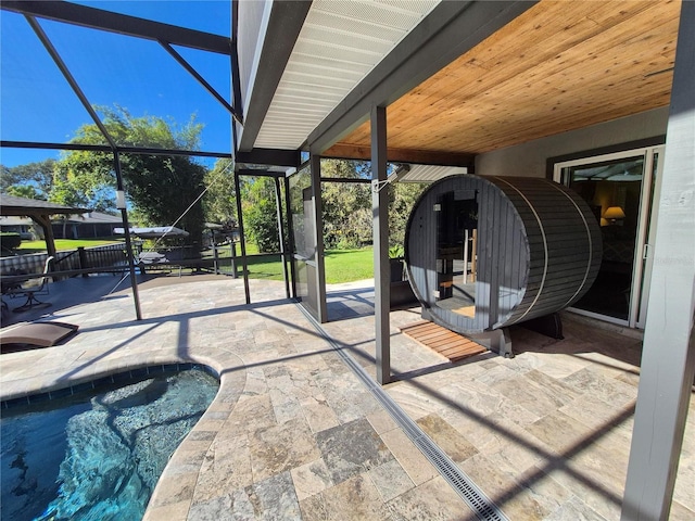 sunroom with wood ceiling