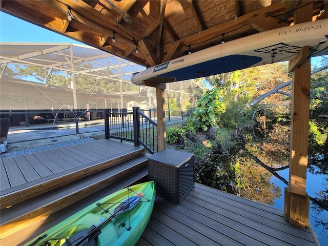 wooden terrace with a lanai