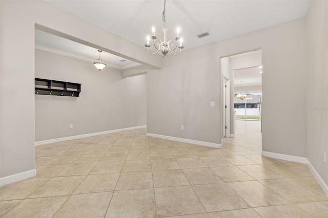 spare room featuring light tile patterned floors, crown molding, and a notable chandelier