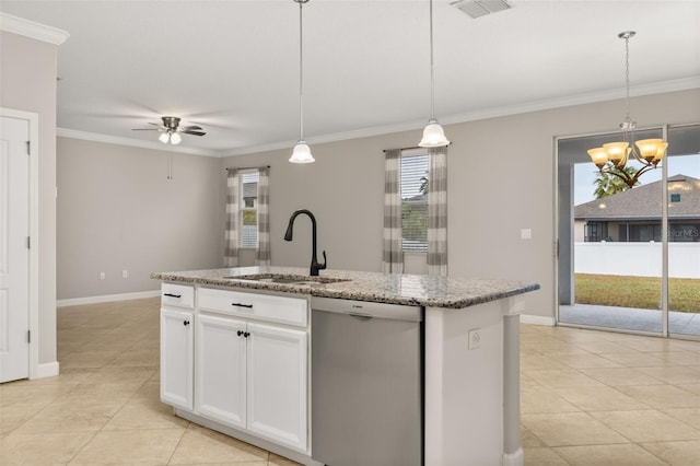 kitchen with dishwasher, a center island with sink, sink, hanging light fixtures, and white cabinetry