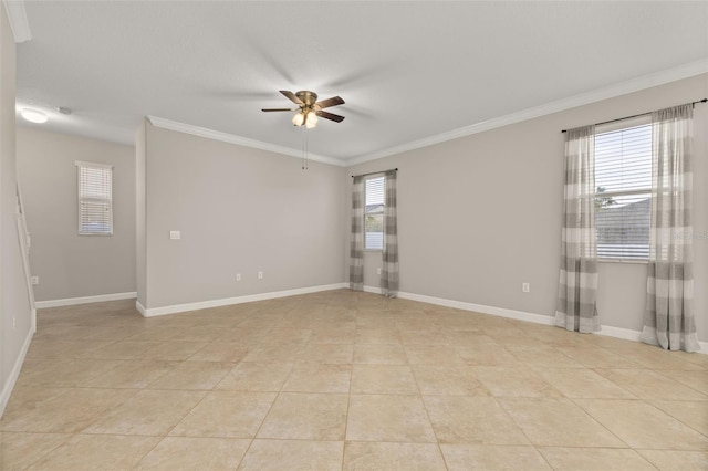 unfurnished room with ceiling fan, light tile patterned flooring, a textured ceiling, and ornamental molding