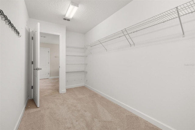 spacious closet featuring light colored carpet