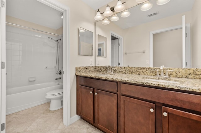 full bathroom with tile patterned flooring, shower / washtub combination, vanity, and toilet