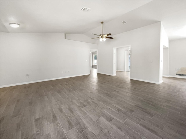 unfurnished living room featuring dark hardwood / wood-style floors, ceiling fan, and lofted ceiling