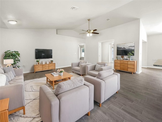 living room featuring lofted ceiling, ceiling fan, and dark hardwood / wood-style floors