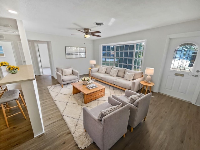 living room with ceiling fan and wood-type flooring