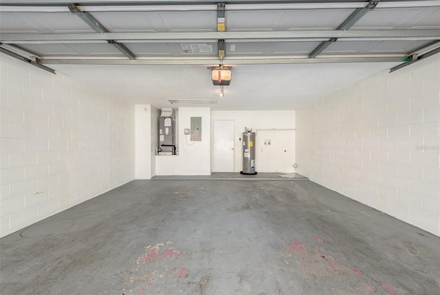 garage with a garage door opener, electric panel, and water heater