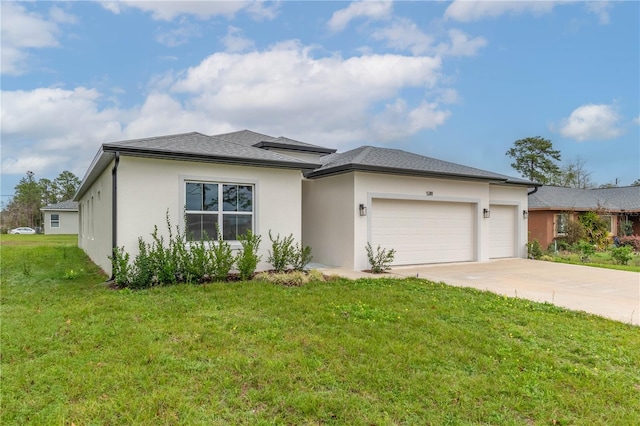 view of front of house with driveway, a shingled roof, an attached garage, a front lawn, and stucco siding