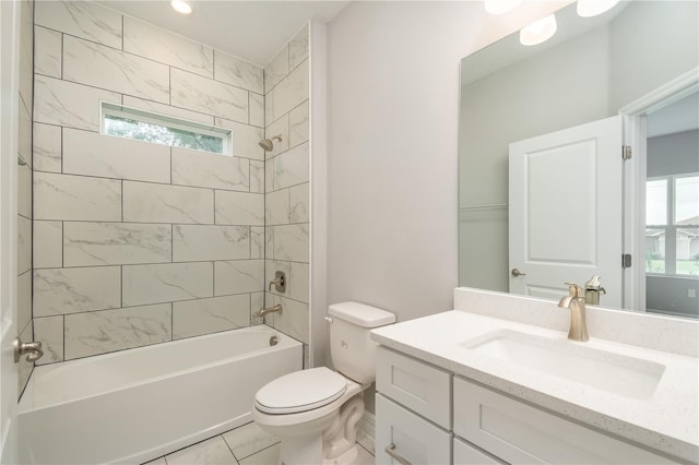 bathroom with shower / bath combination, marble finish floor, toilet, and vanity