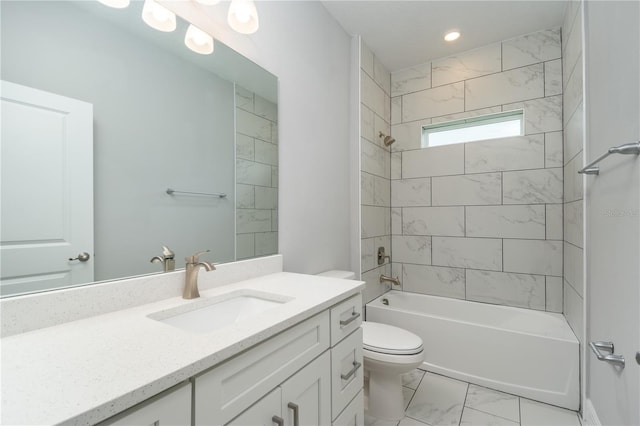 full bath featuring shower / tub combination, toilet, recessed lighting, vanity, and marble finish floor