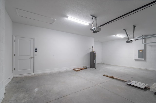 garage featuring a garage door opener, concrete block wall, electric panel, and water heater