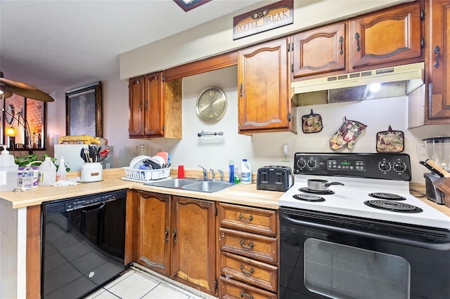 kitchen featuring black dishwasher, sink, white electric stove, and light tile patterned flooring