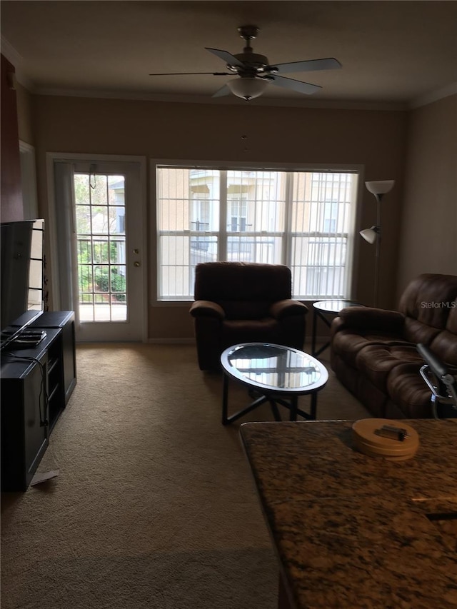 living room with crown molding, carpet floors, and ceiling fan