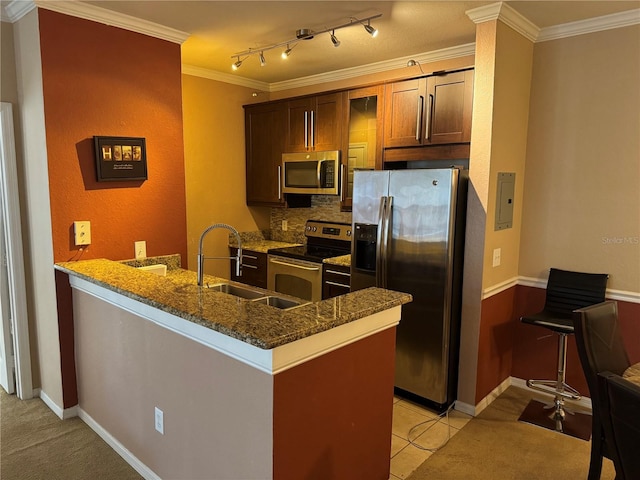 kitchen featuring sink, dark stone countertops, ornamental molding, kitchen peninsula, and stainless steel appliances