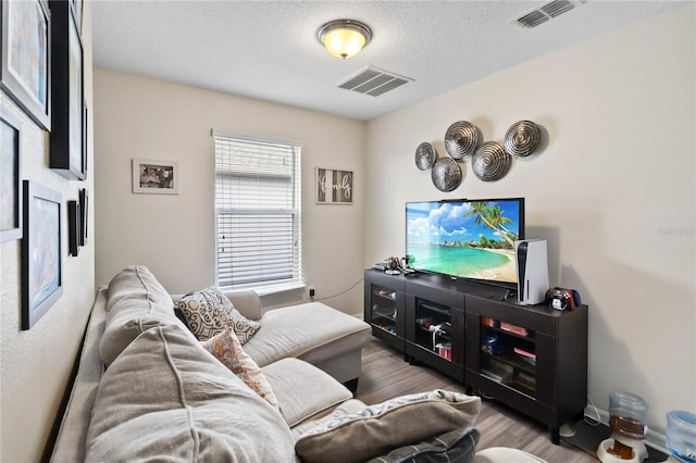 living room featuring light hardwood / wood-style floors and a textured ceiling