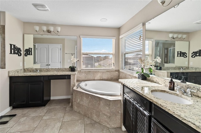 bathroom featuring tile patterned flooring, vanity, and independent shower and bath