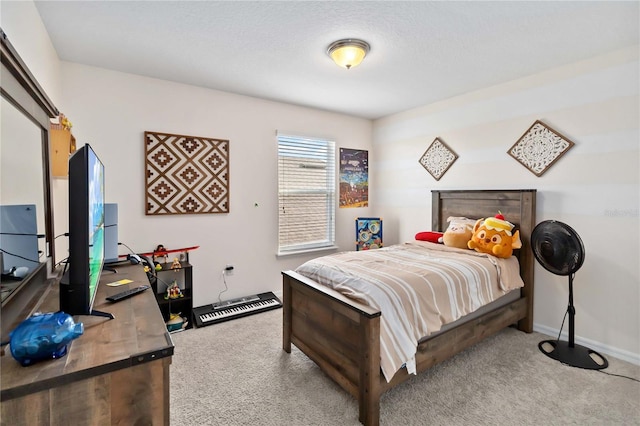 bedroom featuring light carpet