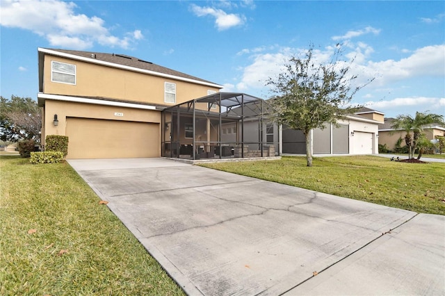 view of front facade featuring a garage, a lanai, and a front yard