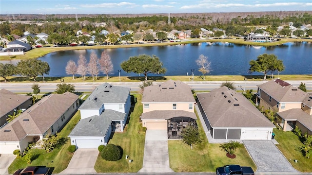 drone / aerial view featuring a water view