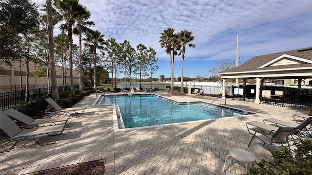 view of swimming pool with a gazebo and a patio