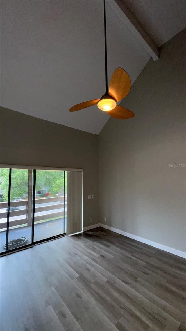 empty room with high vaulted ceiling, wood finished floors, a ceiling fan, baseboards, and beamed ceiling