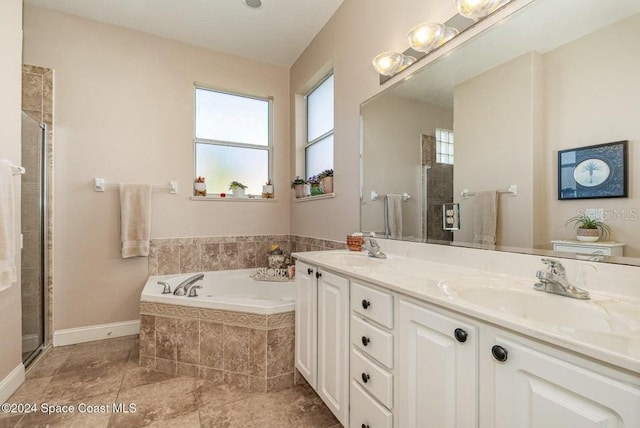 full bathroom with separate shower and tub, vanity, and toilet