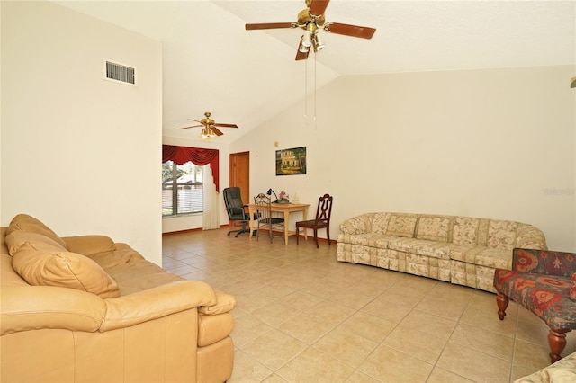 living room with light tile patterned floors, high vaulted ceiling, and ceiling fan