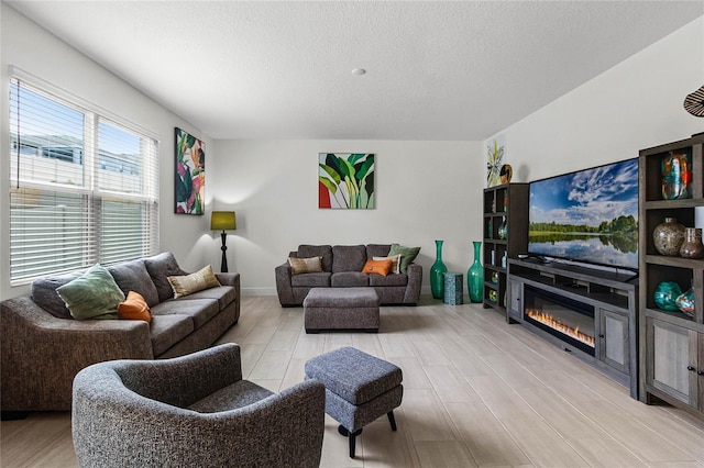 living room featuring a textured ceiling