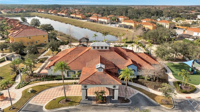 aerial view featuring a water view