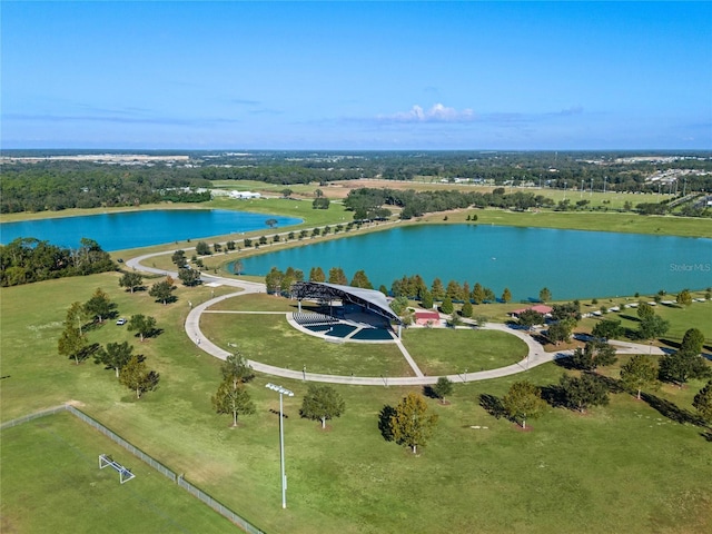 bird's eye view with a water view