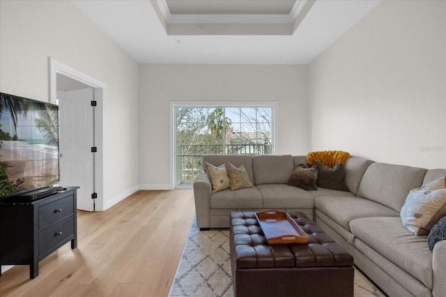 living room with a raised ceiling and light wood-type flooring