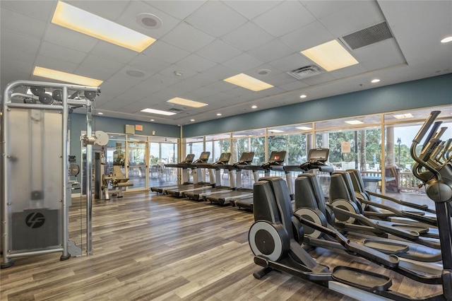 gym featuring a paneled ceiling, hardwood / wood-style flooring, and a wealth of natural light