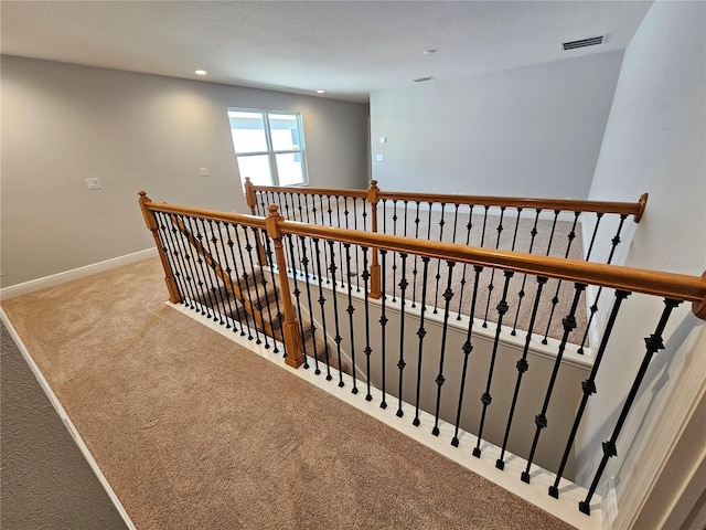 staircase featuring carpet floors