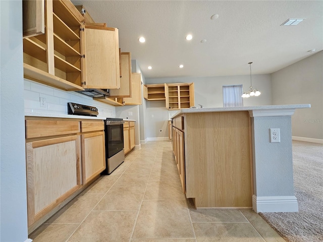 kitchen with light brown cabinetry, backsplash, hanging light fixtures, light colored carpet, and electric range