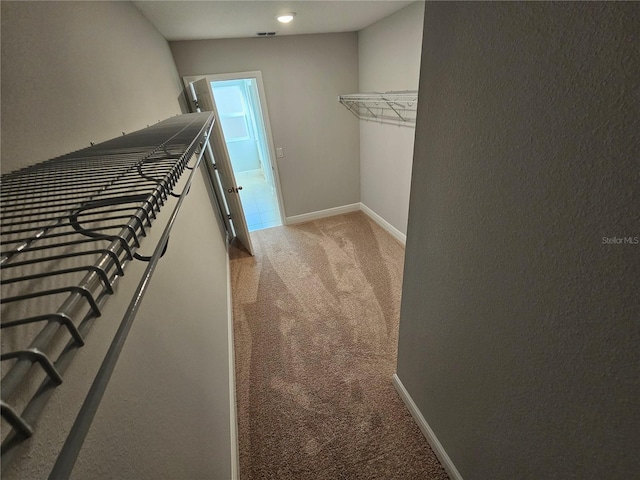 spacious closet with light colored carpet