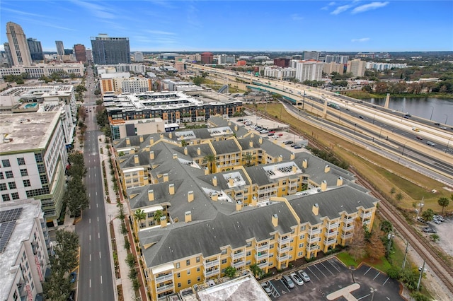 drone / aerial view with a water view