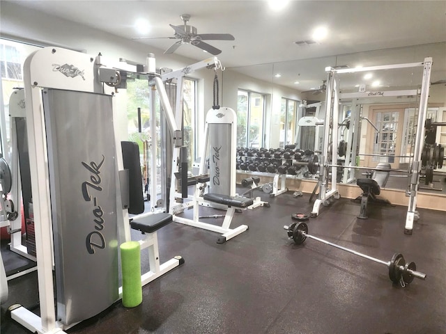 workout area with ceiling fan