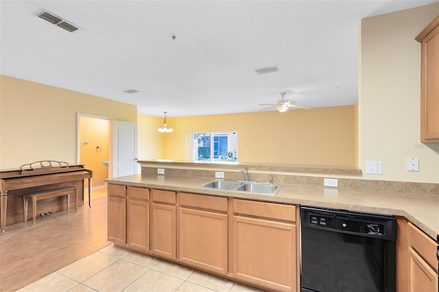 kitchen with light brown cabinets, dishwasher, sink, light tile patterned flooring, and ceiling fan with notable chandelier