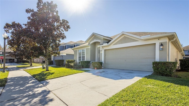 ranch-style home with a front lawn and a garage