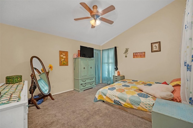 bedroom featuring ceiling fan, light carpet, and lofted ceiling