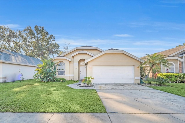 single story home featuring a garage and a front yard