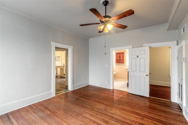 unfurnished bedroom with crown molding, hardwood / wood-style floors, and ceiling fan