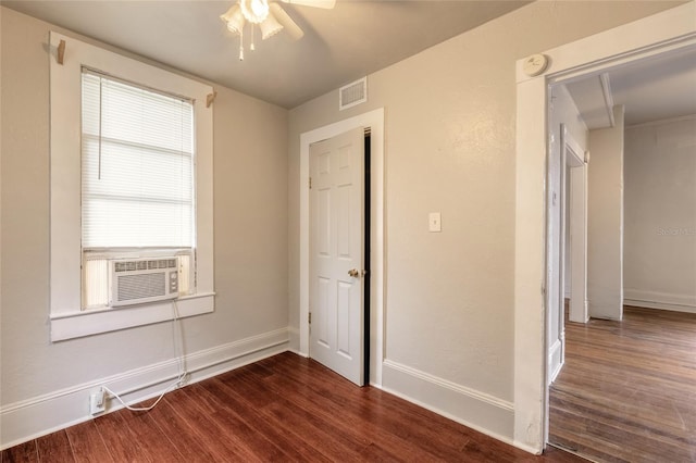 unfurnished bedroom with a closet, ceiling fan, cooling unit, and dark hardwood / wood-style floors