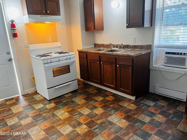 kitchen with cooling unit, a baseboard heating unit, sink, white gas range oven, and dark brown cabinets