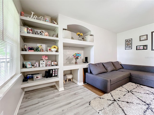 living room with light hardwood / wood-style flooring and built in features