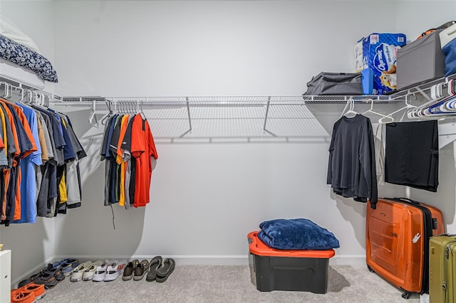 spacious closet featuring light colored carpet