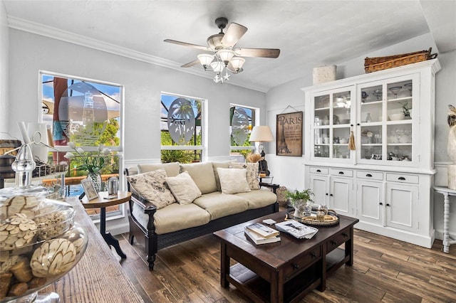 living room featuring ceiling fan, dark hardwood / wood-style flooring, and ornamental molding