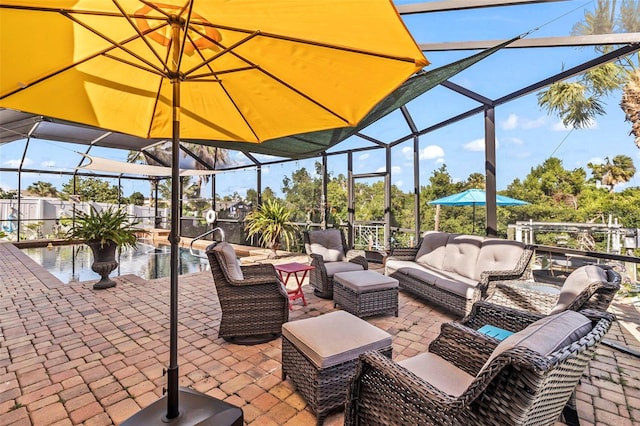 view of patio / terrace featuring a lanai and outdoor lounge area