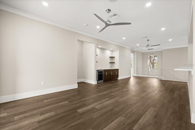 unfurnished living room with visible vents, a ceiling fan, crown molding, and recessed lighting
