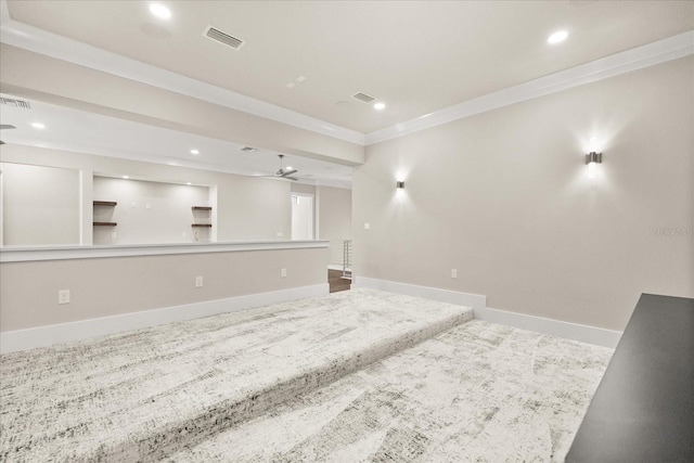 unfurnished living room with ornamental molding, a ceiling fan, recessed lighting, and visible vents